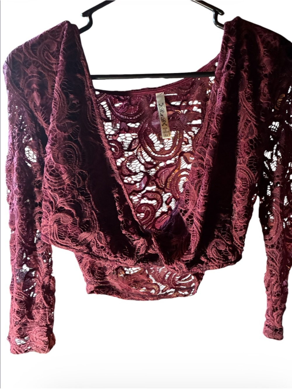 NWT RnB Burgundy Floral Lace Faux-Wrap Cropped Top Long Sleeve XL - Picture 3 of 8